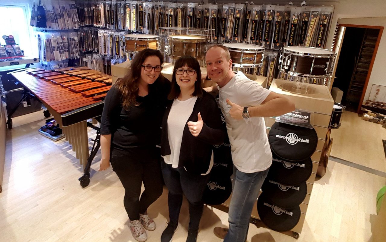 Katy Elman, Gosia Kepa and Maartjn van der Kolk of southern Percussion shop, Rayleigh, Essex