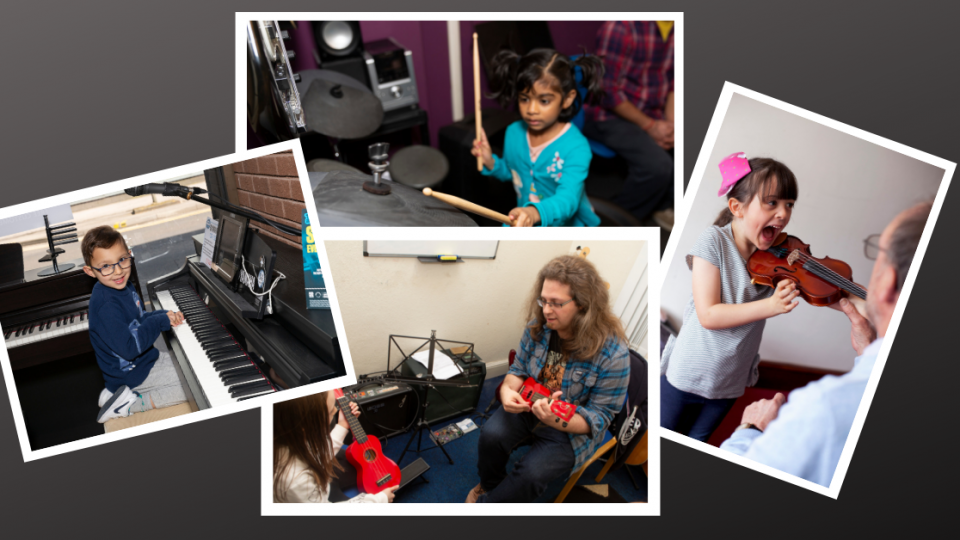 A group of people with mixed identities are learning to play various instruments.