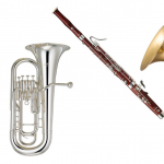 An image of a French horn, euphonium, clarinet, bassoon and a double bass