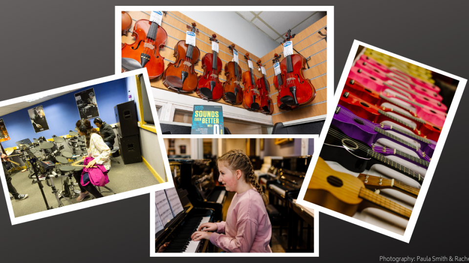 Pictures of ukuleles, string instruments, a white, feminine teenager playing piano, and a group of people playing drums.