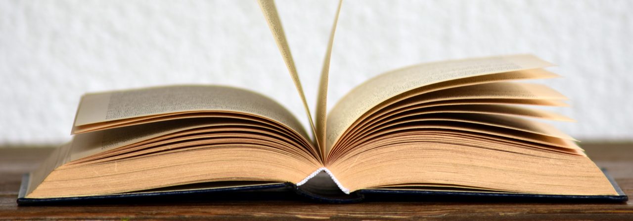 An open book on a brown, wooden table