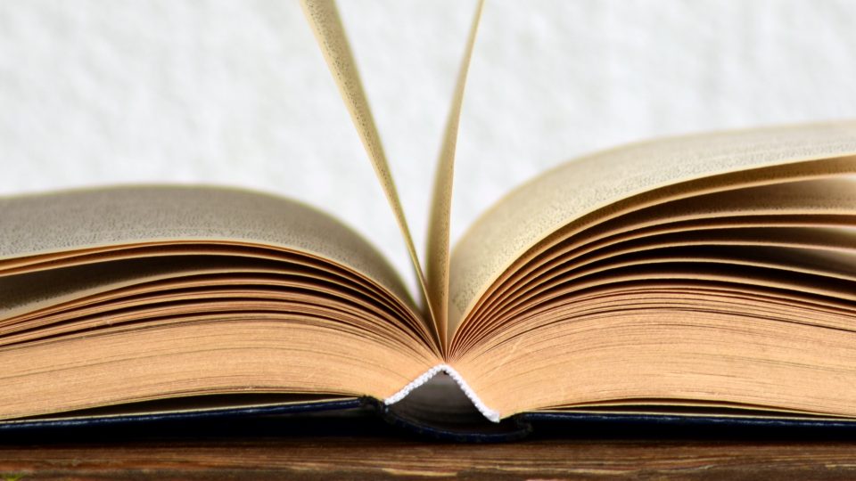 An open book on a brown, wooden table