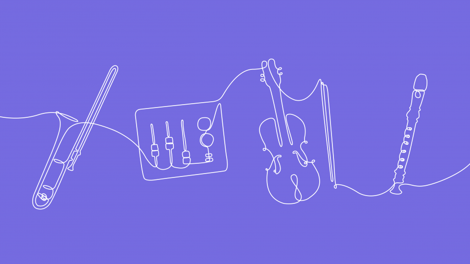 Continuous line drawing of a trombone, mixer, violin and a recorder