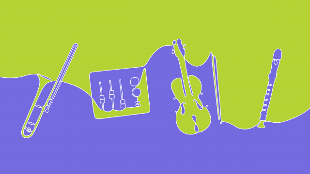 Continuous line drawing of a trombone, mixer, violin and a recorder