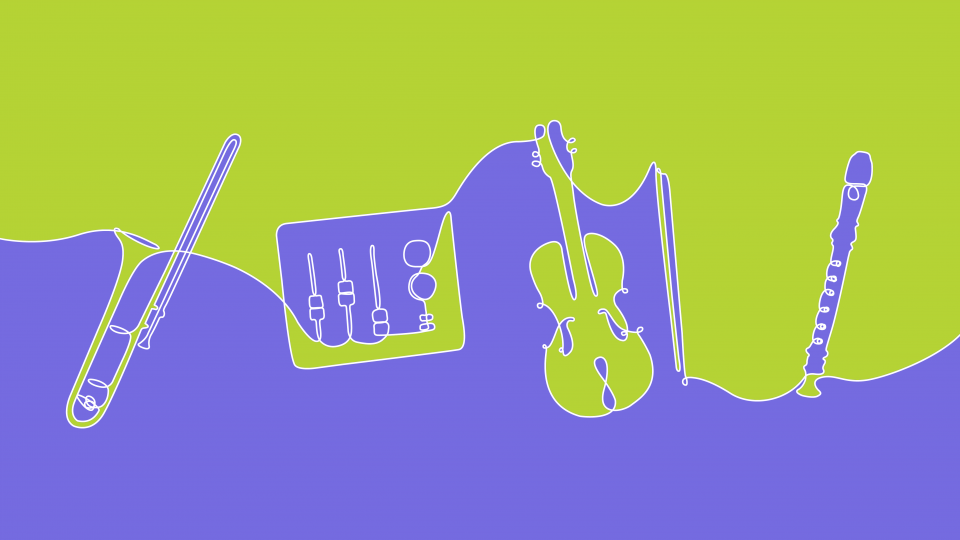 Continuous line drawing of a trombone, mixer, violin and a recorder