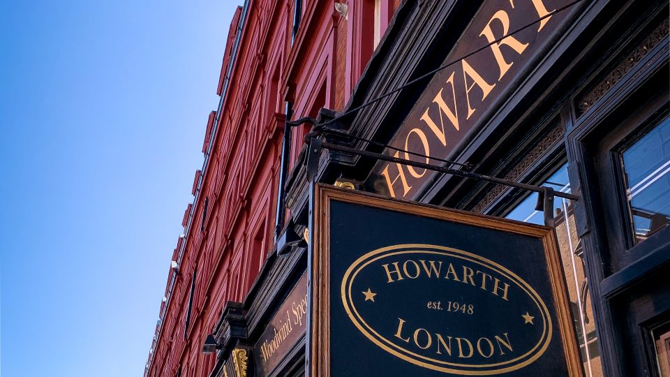 Image of shop front of Howarth of London looking up