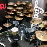A drum kit with 30-40 cymbals